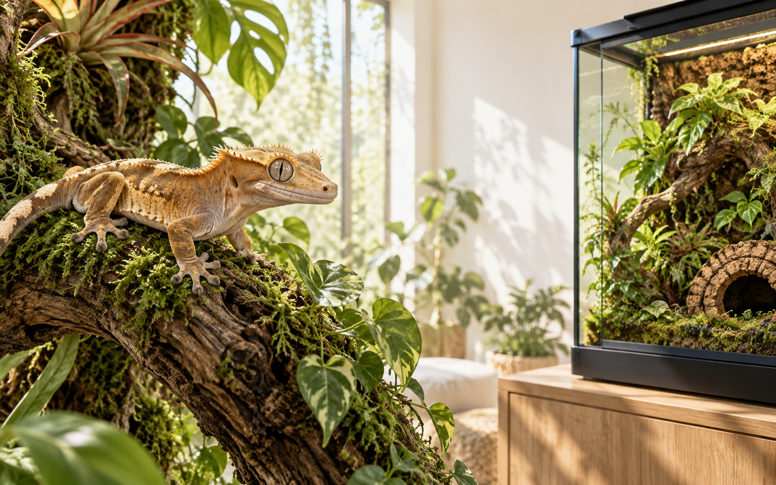 Crested gecko in a lush terrarium